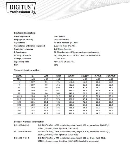 DIGITUS CAT 6A U-FTP Kabel 4x2, drát AWG23,  LSOH,  modrý,  305m2
