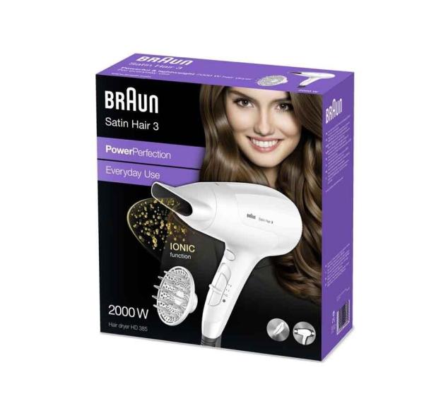 Braun Satin Hair 3 HD385 PowerPerfection fén na vlasy, 2000 W, 2 rychlosti, 3 teploty, bílá1