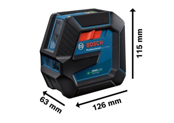 Bosch GLL 2-15 G čárový laser,  pracovní dosah až 15 m,  přesnost +/ -0, 3 mm/ m,  4× baterie 1, 5 V LR6 (AA)1