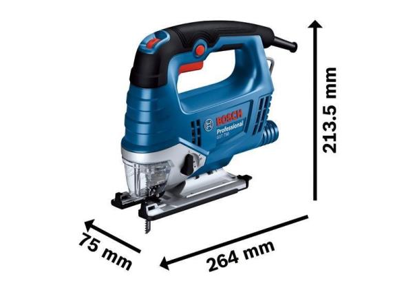Bosch GST 750 kmitací pilka, 520 W, hloubka řezu ve dřevě	75 mm, stopka T, příruční kufr1