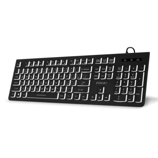 EVOLVEO Klávesnice K1010,  Tichá,  Drátová USB,  Podsvícení,  CZ+SK,  Černá