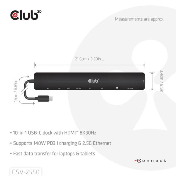 Club3D Dokovací stanice USB-C 10v1,  140W PD,  1xHDMI,  3xUSB-C,  3xUSB,  1xRJ45,  černá0