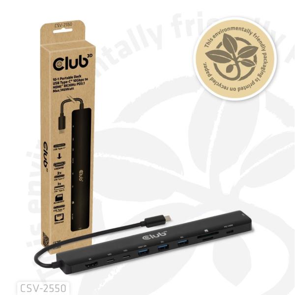 Club3D Dokovací stanice USB-C 10v1,  140W PD,  1xHDMI,  3xUSB-C,  3xUSB,  1xRJ45,  černá2