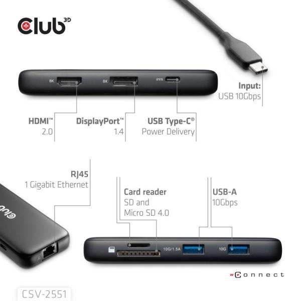 Club3D Dokovací stanice USB-C 8v1,  1xHDMI,  1xDP,  1xUSB-C,  2xUSB,  1xRJ45,  černá3