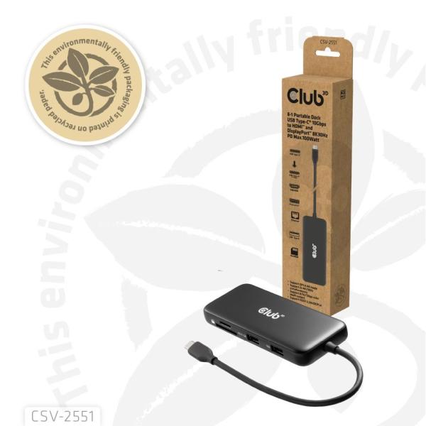 Club3D Dokovací stanice USB-C 8v1,  1xHDMI,  1xDP,  1xUSB-C,  2xUSB,  1xRJ45,  černá2