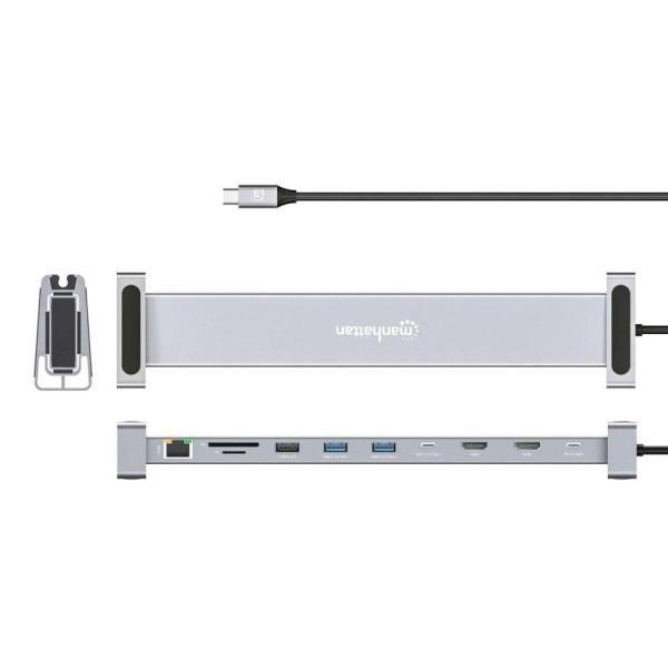 MANHATTAN Dokovací stanice USB-C 10v1, 2xHDMI, USB-C 3.0, USB-C PD 100W, 3xUSB-A 3.0, SD microSD, RJ455