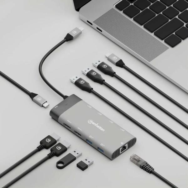MANHATTAN Dokovací stanice USB-C 10v1, 2xHDMI, USB-C 3.1, USB-C PD 100W, 2xUSB-A 3.1, 3xUSB-A 3.0, RJ455
