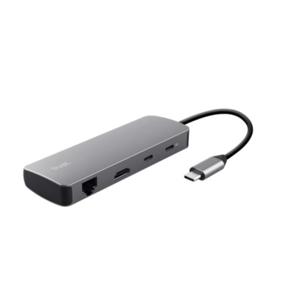 TRUST Dokovací stanice DALYX USB-C,  8v1,  HDMI,  RJ45,  2xUSB-C,  2xUSB-A,  microSD/ SD karta,  šedá