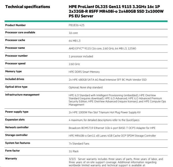 HPE PL DL325g11 AMD Epyc 9115 (2.6-4.1/ 16C) 2x32G 6400 2x480G 2x1000W MR408i-o/ 4G 8SFF 4p1Gocp Smart Choice2