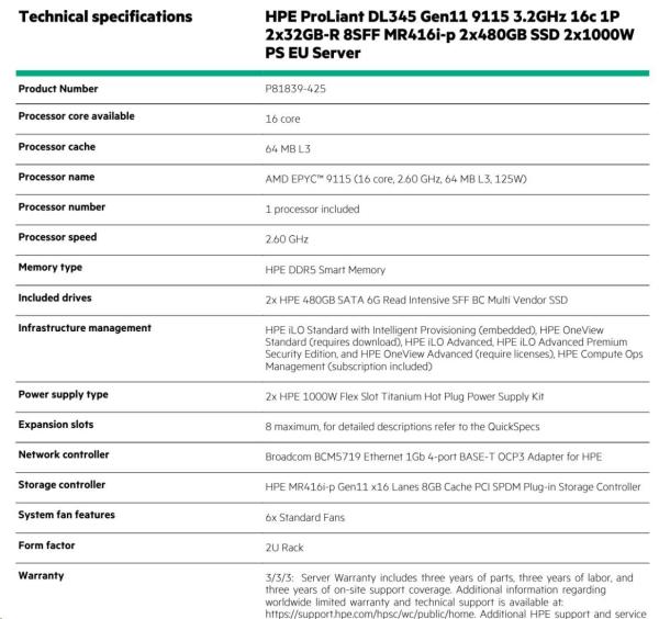 HPE PL DL345g11 AMD Epyc 9115 (2.6G/ 16C) 2x32G (P64985) 2x480G (P40497) 2x1000W MR416i-p 8SFF 4p1G Smart Choice4