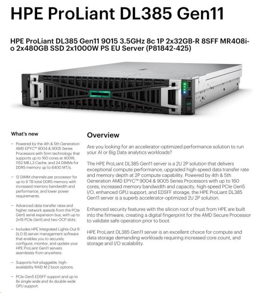 HPE PL DL385g11 AMD EPYC 9015 (3.6/ 8C) 2x32G (P64985) 2x480G MR408i-o 2x1000W 8SFF 2p10GT Smart Choice3