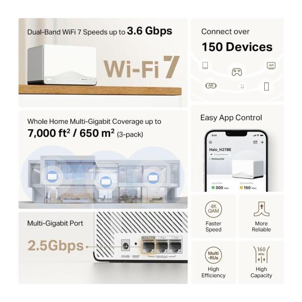 MERCUSYS Halo H27BE(3-pack) WiFi7 Mesh (BE3600, 2, 4GHz/ 5GHz, 1x2, 5GbELAN/ WAN, 2xGbELAN/ WAN)3