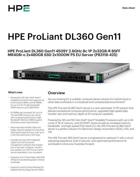 HPE PL DL360g11 4509Y (2.6G/ 8C) 2x32G (p64706) 2x480G 2x1000W MR408i-o 8SFF 4p1G ocp Smart Choice1