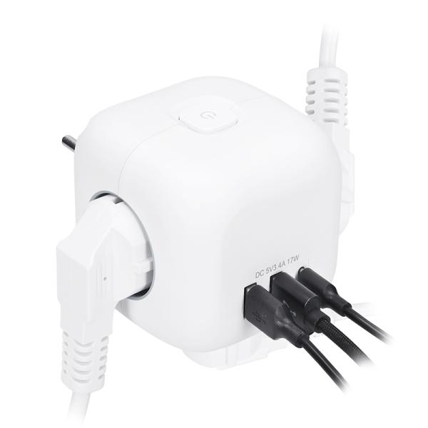Solight rozbočka kostka,  3x 16A + USB A+C,  bílá,  vypínač4