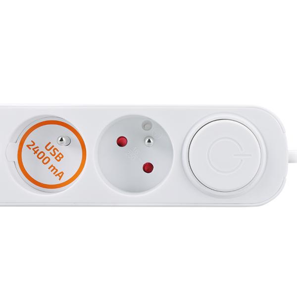 Solight 3z prodlužovací přívod s USB A+C nabíječkou 2.4A,  2m,  3 x 1mm2,  bílý,  vypínač1