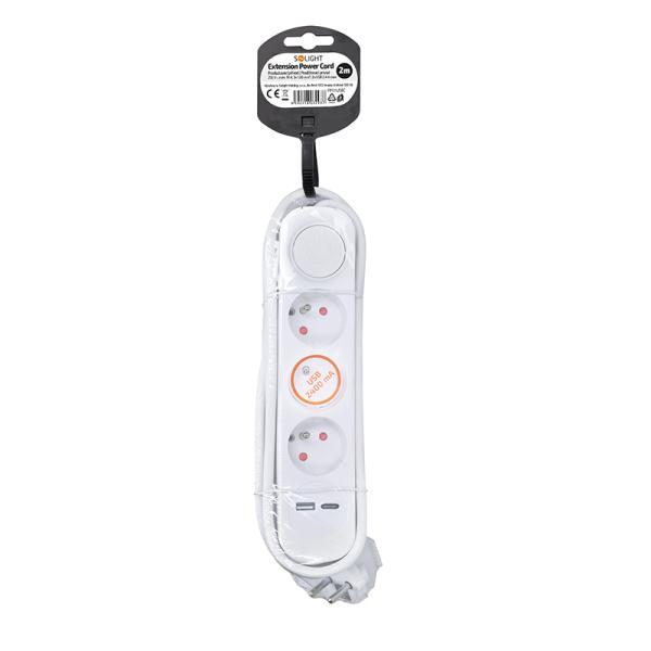 Solight 3z prodlužovací přívod s USB A+C nabíječkou 2.4A,  2m,  3 x 1mm2,  bílý,  vypínač4