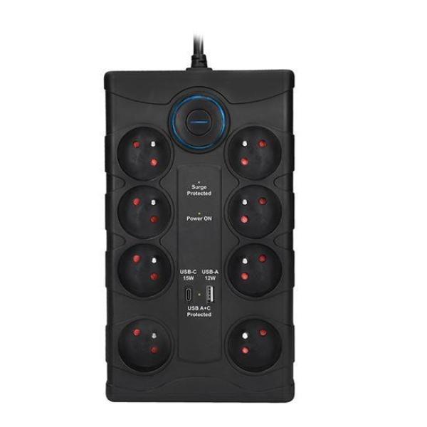 Solight přepěťová ochrana,  8z,  USB A+CA,  2m,  černá3
