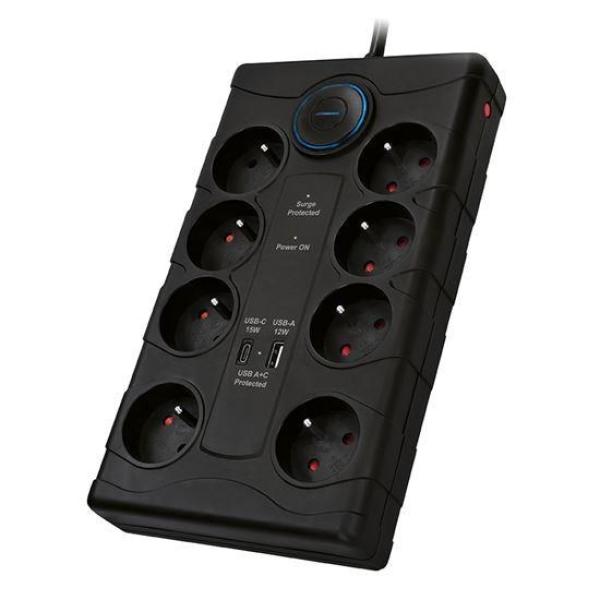 Solight přepěťová ochrana,  8z,  USB A+CA,  2m,  černá4