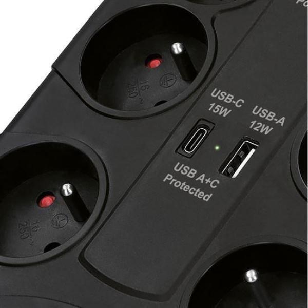 Solight přepěťová ochrana,  8z,  USB A+CA,  2m,  černá5
