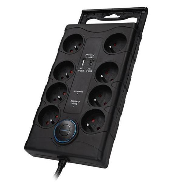 Solight přepěťová ochrana,  8z,  USB A+CA,  2m,  černá6