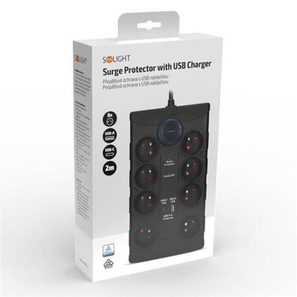 Solight přepěťová ochrana,  8z,  USB A+CA,  2m,  černá8