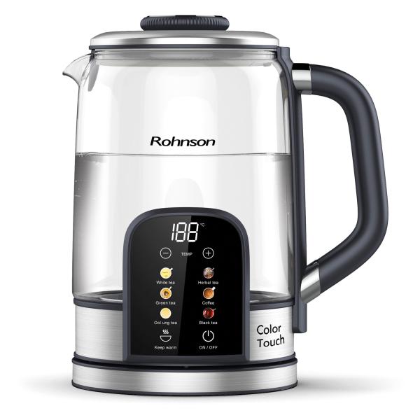Rohnson Color Touch rychlovarná konvice,  2200 W,  6 teplot,  1.7 l,  LED displej,  dotykový ovládací panel,  sklo