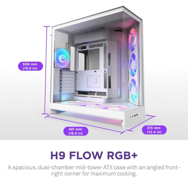 NZXT skříň H9 Flow ARGB+ dvoukomorová ATX  6xRGB 140 mm  1x 120mm fan  prosklená  controller  bílá1
