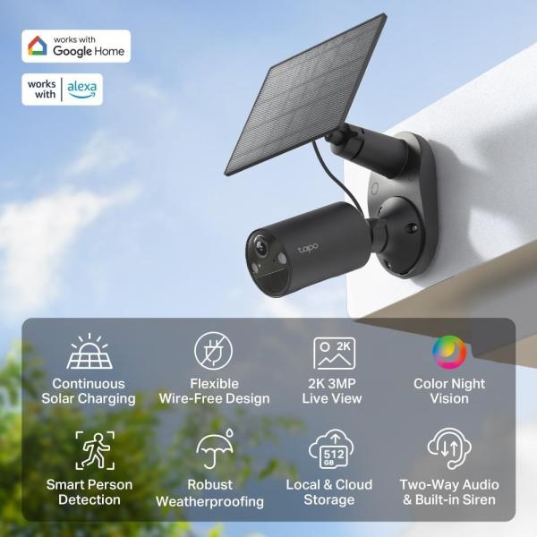 TP-Link Tapo C411 KIT venkovní kamera,  solární panel (3MP,  2K QHD,  1296p,  IR 9m,  WiFi,  micro SD card,  IP65)2
