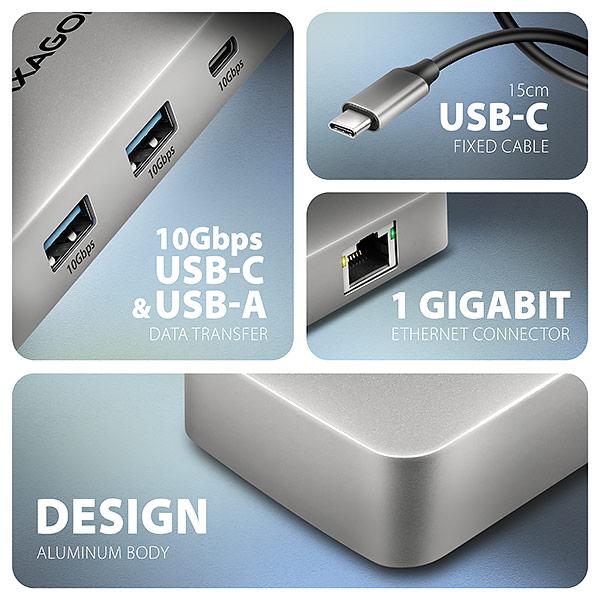 AXAGON HMC-CUB83X2,  USB 10Gbps hub,  2x USB-A,  USB-C,  HDMI & DP 4k/ 144Hz,  RJ-45 GLAN,  PD 100W,  kábel USB-C 15cm1