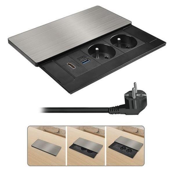 Solight vestavný blok zásuvek s posuvným krytem,  2 zásuvky,  HDMI,  USB A+C 20W PD,  2m,  stříbrný