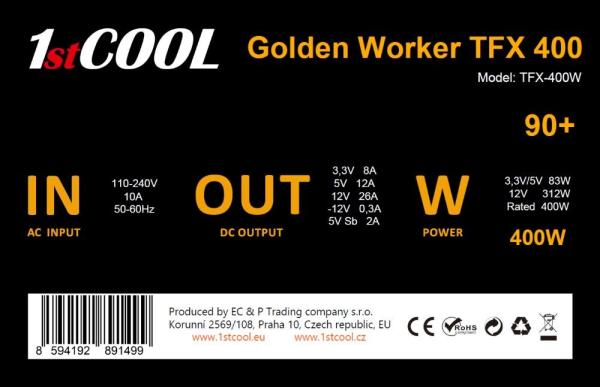 1stCOOL Zdroj Golden Worker TFX 400 88+, 400W, TFX, černá1