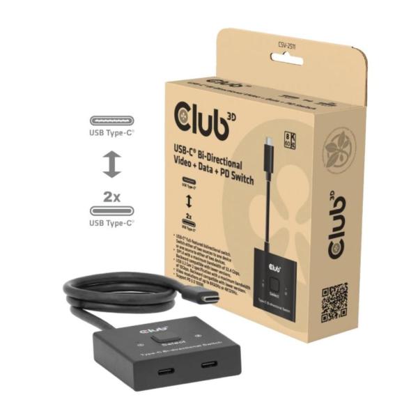 Club3D Switch,  USB-C na 2xUSB-C Oboustranný 2v1,  8K60Hz,  4K120Hz,  PD 100W