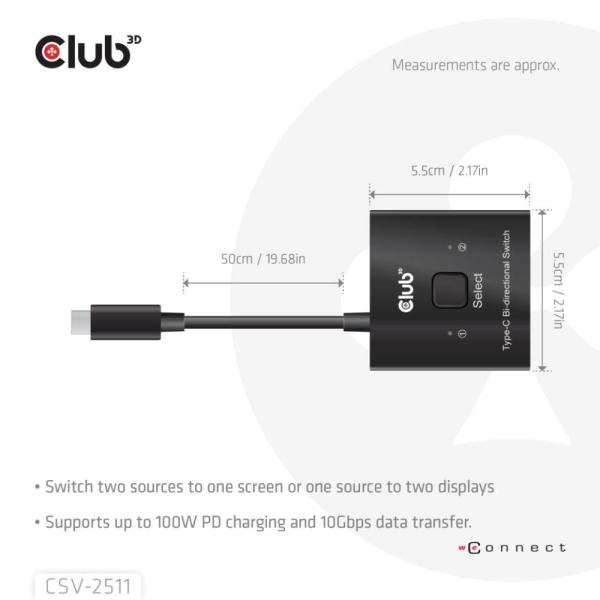 Club3D Switch,  USB-C na 2xUSB-C Oboustranný 2v1,  8K60Hz,  4K120Hz,  PD 100W1