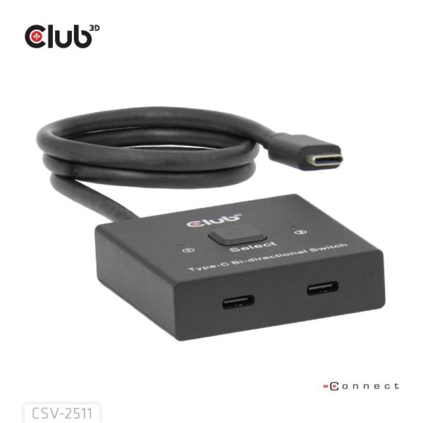 Club3D Switch,  USB-C na 2xUSB-C Oboustranný 2v1,  8K60Hz,  4K120Hz,  PD 100W3