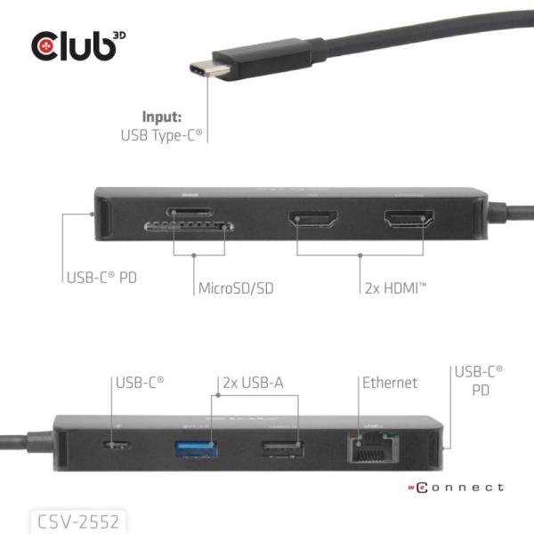 Club3D Dokovací stanice USB-C 9v1, 2xHDMI, 1xUSB-C, 1xUSB-C PD, 2xUSB, 1xRJ45, microSD SD, černá2