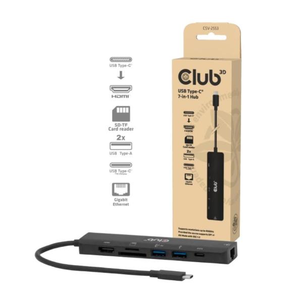 Club3D Dokovací stanice USB-C 7v1,  1xHDMI,  1xUSB-C PD,  2xUSB,  1xRJ45,  microSD/ SD,  černá