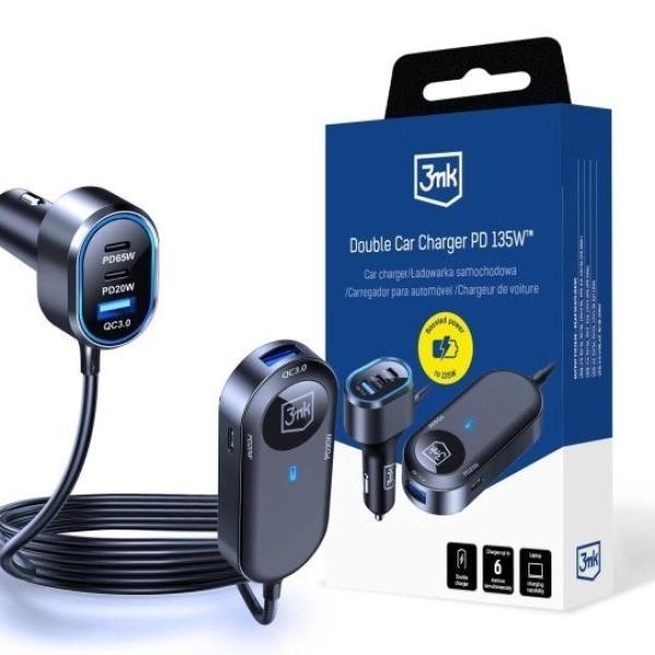 3mk Double Car Charger 135W PD QC PPS USB 2A4C Black/ Gray