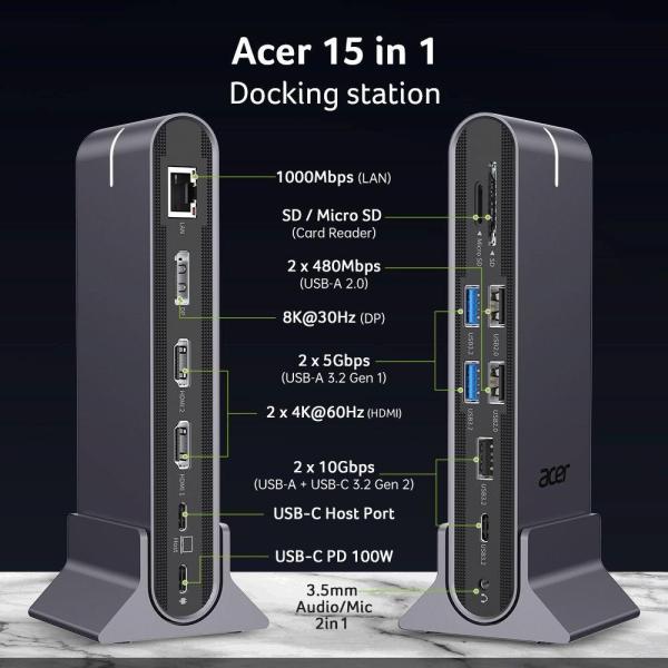 ACER 15in1 USB Type-C Universal Mini-dock: Host interface: USB-C,  2x USB-A 2.0,  1x USB-A 3.2 Gen2,  1x USB-A 3.2 Gen1,  14