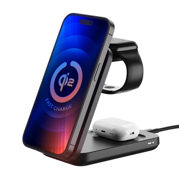 3mk bezdrátová nabíječka - MagRocket 3-in-1,  technologie Qi2,  15W,  černá