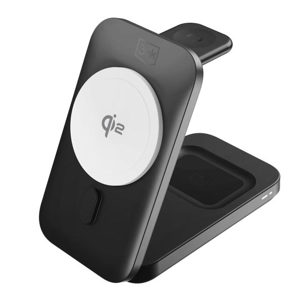 3mk bezdrátová nabíječka - MagRocket 3-in-1,  technologie Qi2,  15W,  černá2