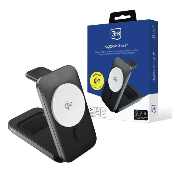 3mk bezdrátová nabíječka - MagRocket 3-in-1,  technologie Qi2,  15W,  černá3