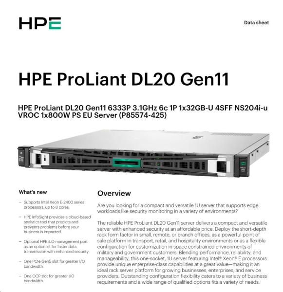 HPE PL DL20g11 6333P (3.1G/ 6C12T) 1x32G (P64339) NS204(2x480G) 4SFF VROC 1x800W 4x1G NBD333 Smart Choice3