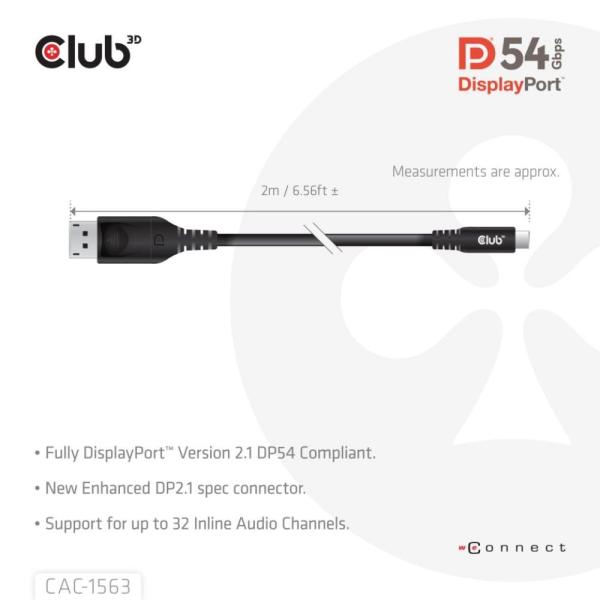 Club3D Kabel USB-C na DisplayPort 2.1 DP54 Bi-Directional,  8K120Hz,  4K480Hz,  2m2