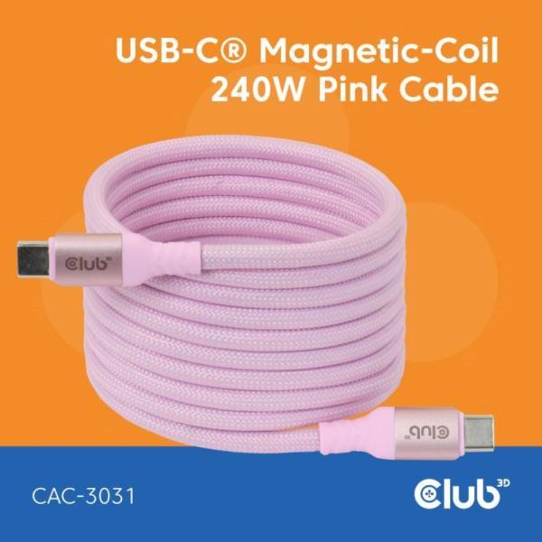 Club3D Kabel magnetický USB-C,  240W PD3.1,  480 Mbps,  2m,  růžová