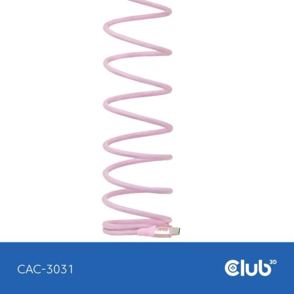 Club3D Kabel magnetický USB-C,  240W PD3.1,  480 Mbps,  2m,  růžová3
