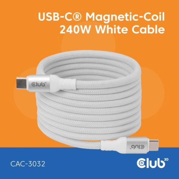 Club3D Kabel magnetický USB-C,  240W PD3.1,  480 Mbps,  2m,  bílá