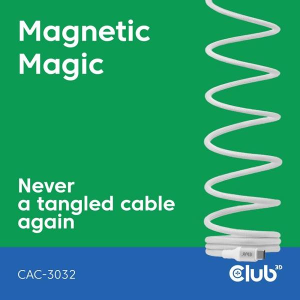 Club3D Kabel magnetický USB-C,  240W PD3.1,  480 Mbps,  2m,  bílá2