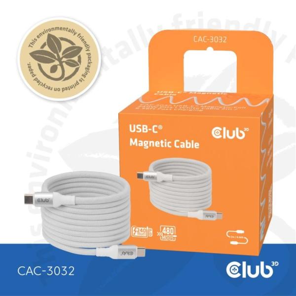 Club3D Kabel magnetický USB-C,  240W PD3.1,  480 Mbps,  2m,  bílá5