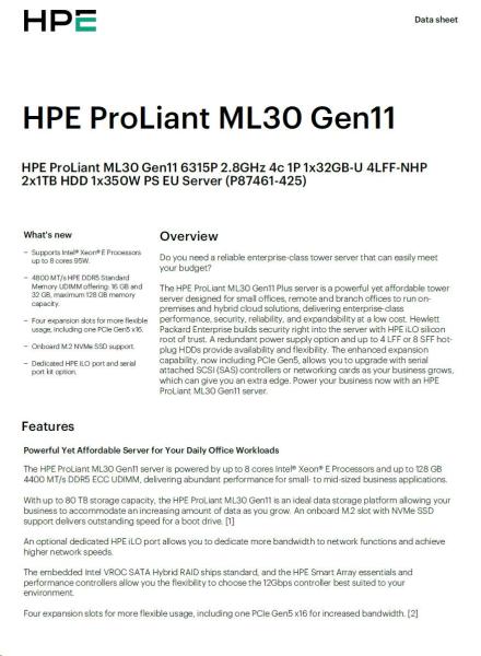 HPE PL ML30g11 6315P (2.8-5.2G/ 4C4T) 1x32G 2x1TB SATA 4LFF-NHP 1x350 VROC 4p1G NBD311 Smart Choice3
