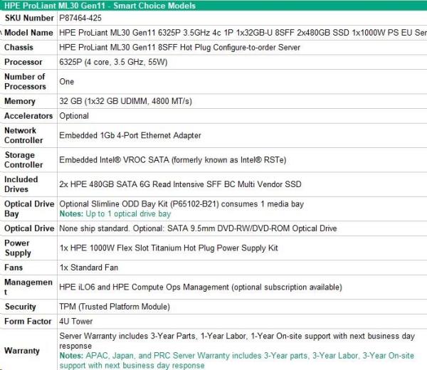 HPE PL ML30g11 6325P (3.5G/ 4C8T) 1x32G 2x480G SSD 8SFF VROC 1x1000W 4p1G NBD311 Smart Choice6